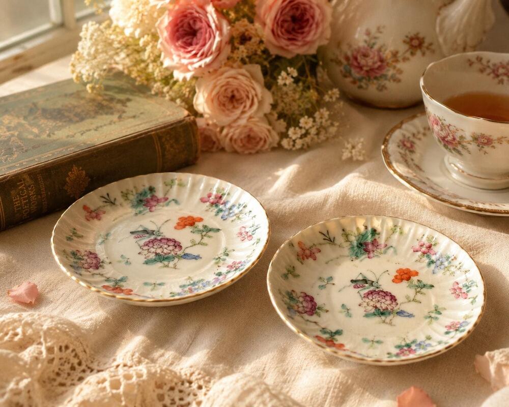 Vintage Chinoiserie Porcelain Bowls Pair Floral Cricket Trinket Dishes